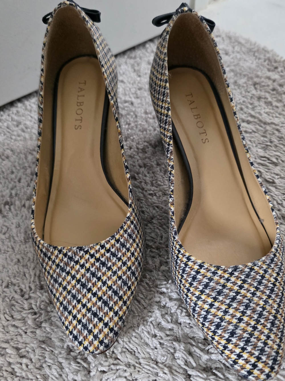 Talbots Tweed Pointed-Toe Heels in Navy, Yellow & Cream
